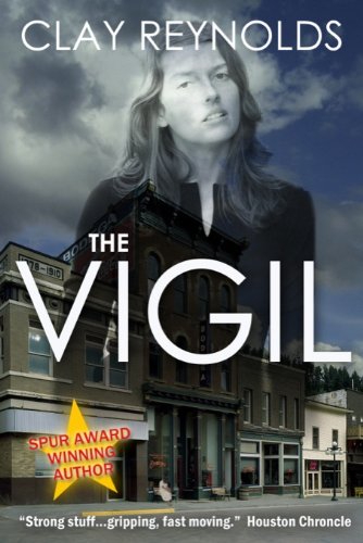 Cover for the new Baen edition of The Vigil by Clay Reynolds. Double exposure image shows a worried woman superimposed over a sleep-looking, empty town